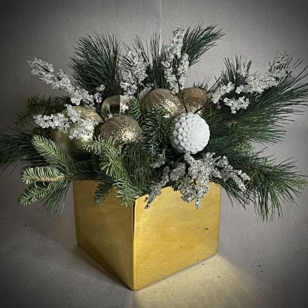 Bouquets Denver - Indulge in the beauty of evergreens adorned with iced Auckland accents and lavish gold-on-gold-on-gold detailing. This stunning arrangement adds a touch of opulence to any space, making it an exquisite gift or a festive home decor choice. Revel in the holiday spirit with the luxurious combination of textures and colors. Enjoy the convenience of same-day flower delivery, bringing this enchanting display to your doorstep promptly. Elevate your surroundings with the perfect blend of elegance and seasonal charm.