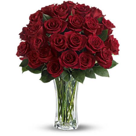 Bouquets Denver - Double-declare your love with 24 premium, crimson red roses, a breathtaking expression of romance this Valentine's Day.  These aren't ordinary flowers; their exceptional 32-inch stems create a dramatic, luxurious display, showcasing unparalleled quality and elegance.  Each velvety petal unfolds in a classic bloom, radiating passion and creating memories that last.  From the moment they arrive, their captivating beauty will fill the room, a whispered promise, and constant reminder of your devotion.  Give the unforgettable gift of these extraordinary, long-stemmed roses.