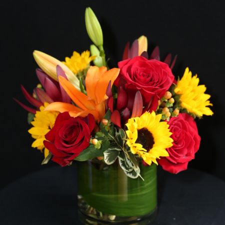 Ninth Street Flowers Durham - Make someone feel all sunny inside. This European compact featuring sunflowers and enhanced with other bright blooms will put a smile on anyone's face.